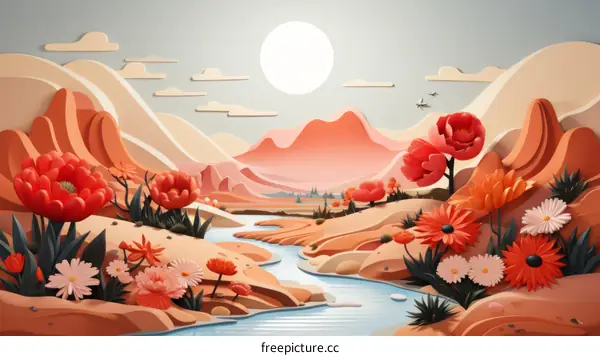 Desert Oasis: Vibrant Flowers Blooming by a River