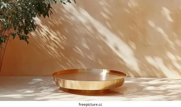 Gold Tray Display Against a Light Peach Wall