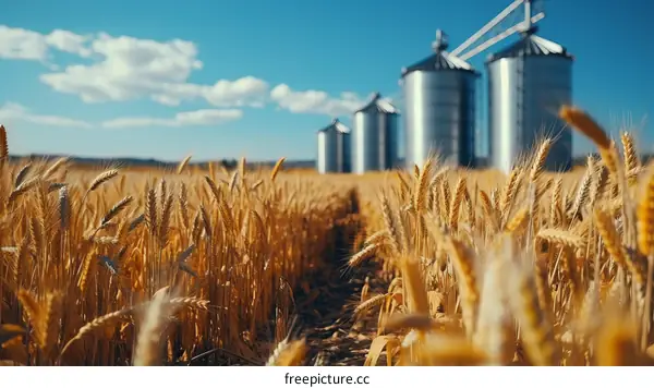 Golden wheat field with grain silos in the distance
