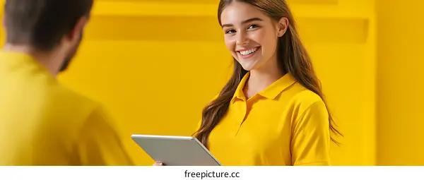 Smiling Woman Holding a Tablet in Front of a Yellow Background