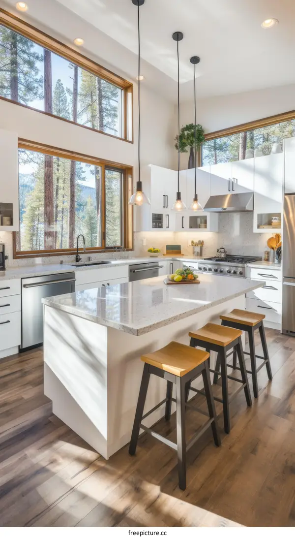 Modern kitchen interior design with large windows and a big island