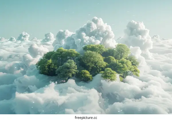 Green trees growing on a floating island in the sky