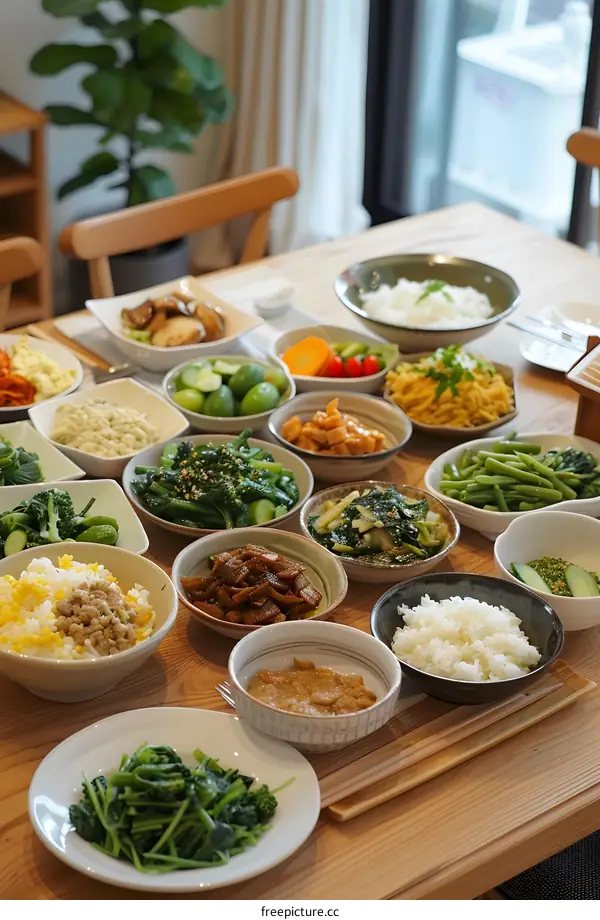Homemade Japanese Cuisine Table Setting with Various Dishes