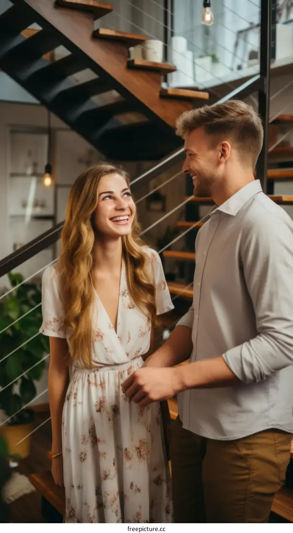 A young couple is smiling and holding hands in a house