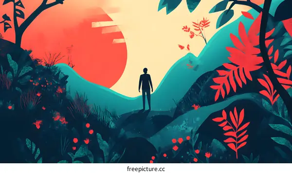 Silhouette of a Person Standing on a Mountaintop with a Sunset in the Background