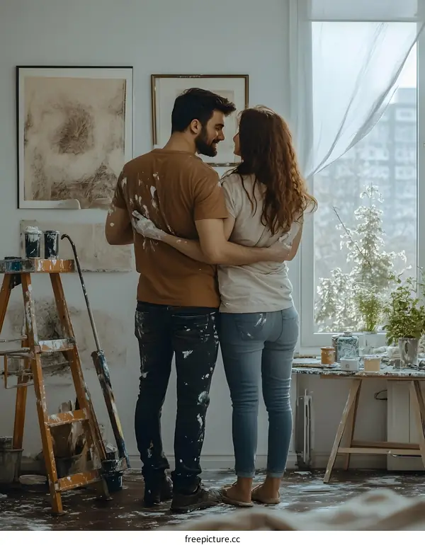 Couple in love embracing during home renovation