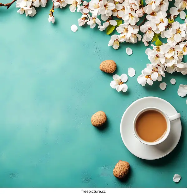 Coffee Almond Blossom Spring Flowers Turquoise Background