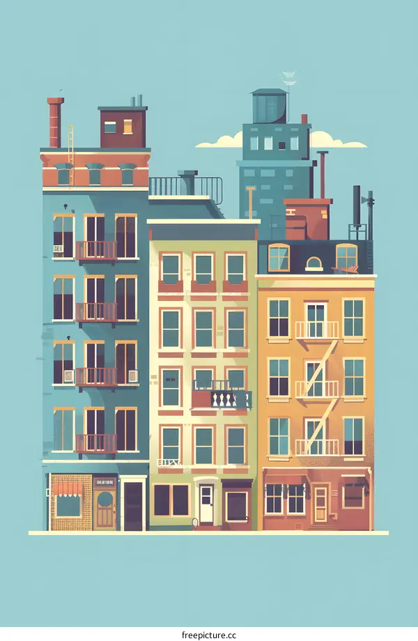 Colorful Cityscape Illustration with Four Buildings
