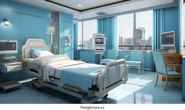 A hospital room with a bed, medical equipment, and a large window
