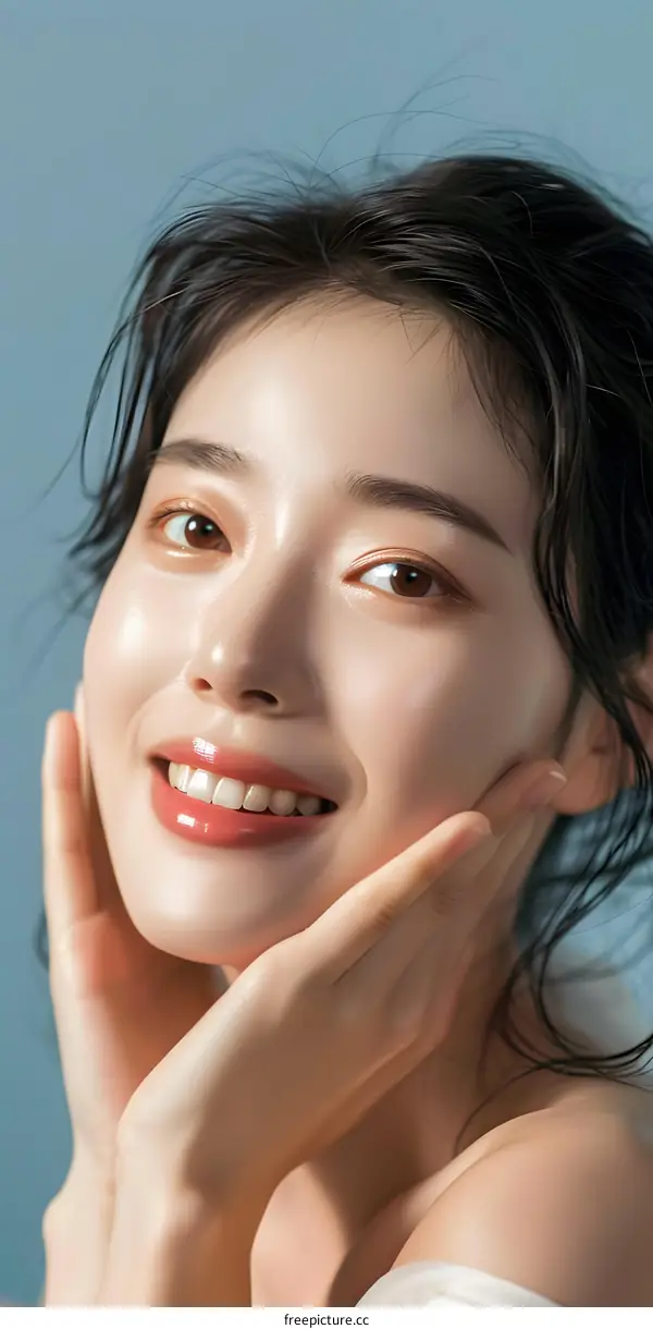 Portrait of a Beautiful Asian Woman with Long Black Hair Smiling