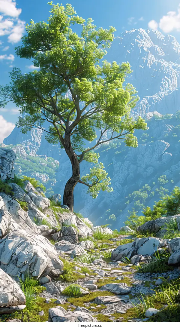 Enchanted Fantasy Landscape with Towering Tree and Distant Mountains