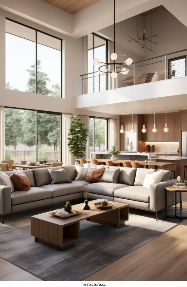 Airy and bright living room with high ceiling and large windows