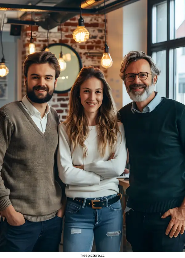 Three people posing for a photo in an office