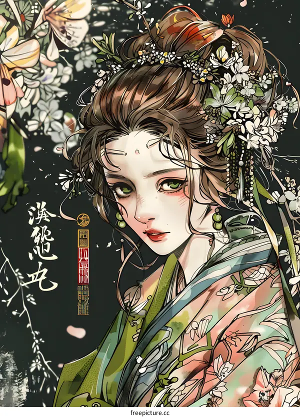 Anime Girl with Green Eyes and Flowers in Hair