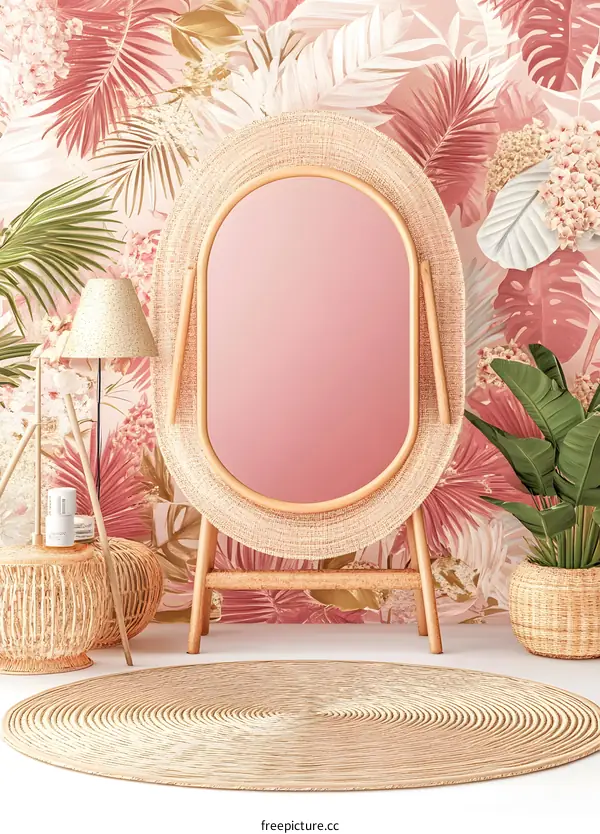 Pink Tropical Leaves Mirror Design