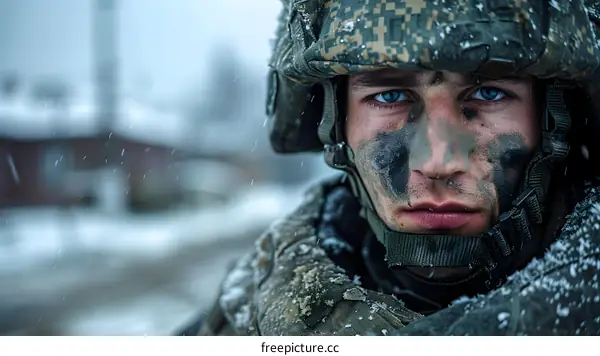 Portrait of a soldier with blue eyes and a camouflage helmet.