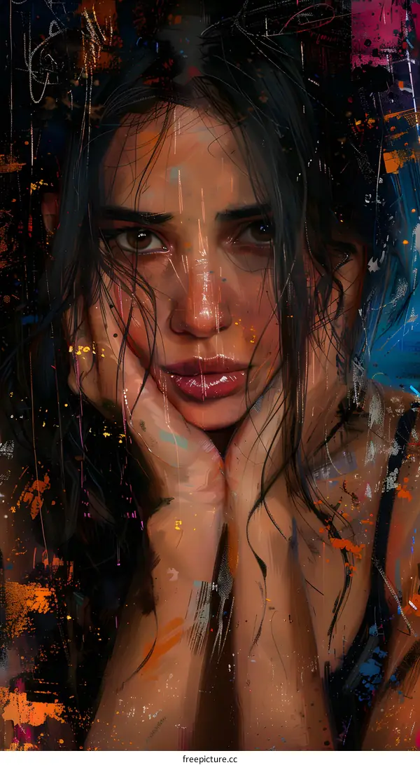 Abstract Digital Painting of a Woman with Long Black Hair