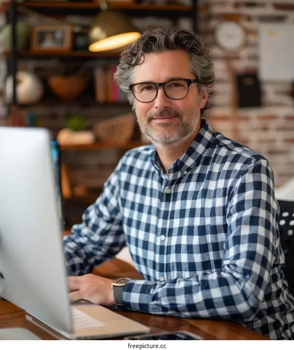 Bearded man in glasses working on laptop computer