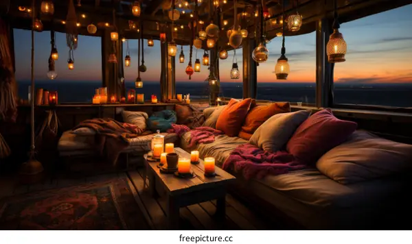 A cozy living space with a view of the sea