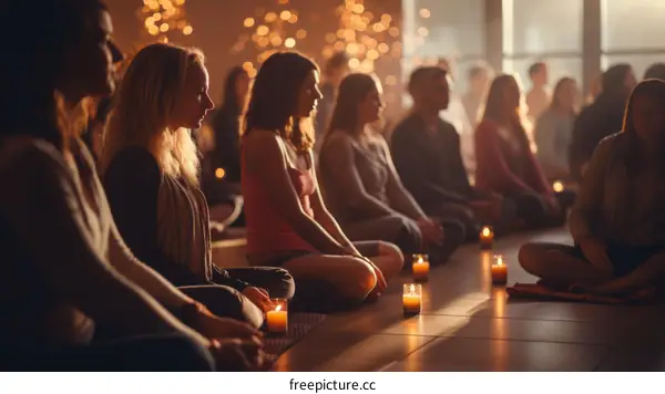 Group of diverse people meditating in a yoga studio with candles