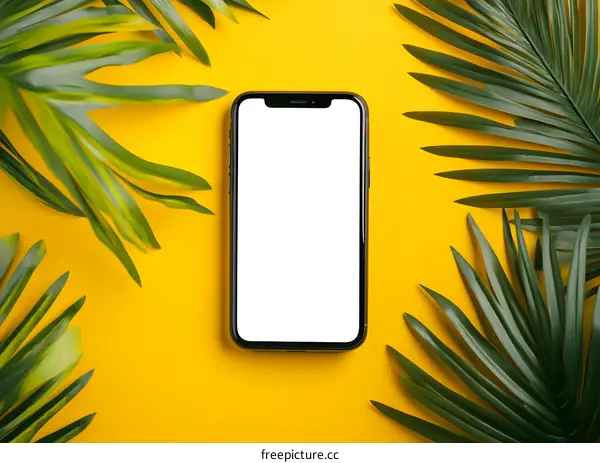 Black Smartphone with Empty Screen Surrounded by Green Palm Leaves on Yellow Background