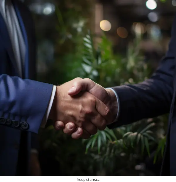 Businessmen shaking hands in front of foliage