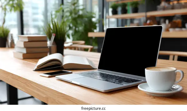 Laptop Coffee and Books on Wooden Table in Cafe