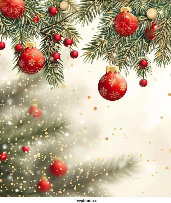 Christmas Background with Fir Branches and Red and Gold Ornaments