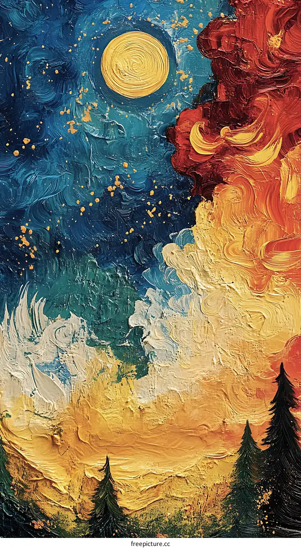 Abstract Painting of a Night Sky With a Full Moon and Stars