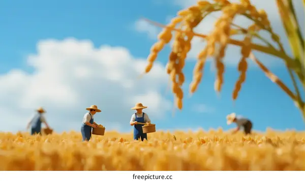 Miniature Farmers Harvesting Golden Rice in Open Field Under Blue Sky