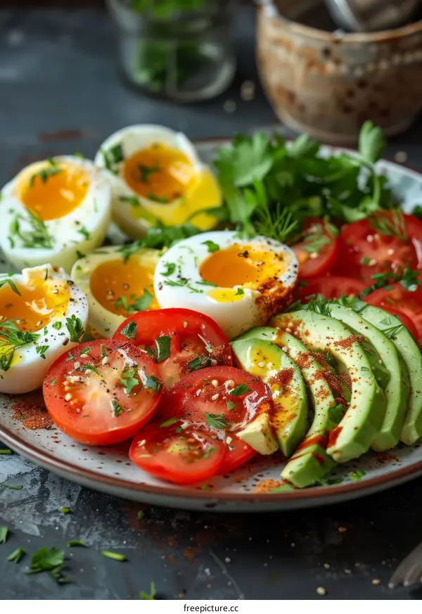 Healthy Breakfast with Boiled Eggs, Avocado & Tomatoes