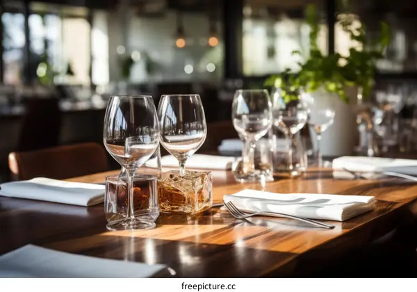 Elegant restaurant table setting with wine glasses creating beautiful light and shadows