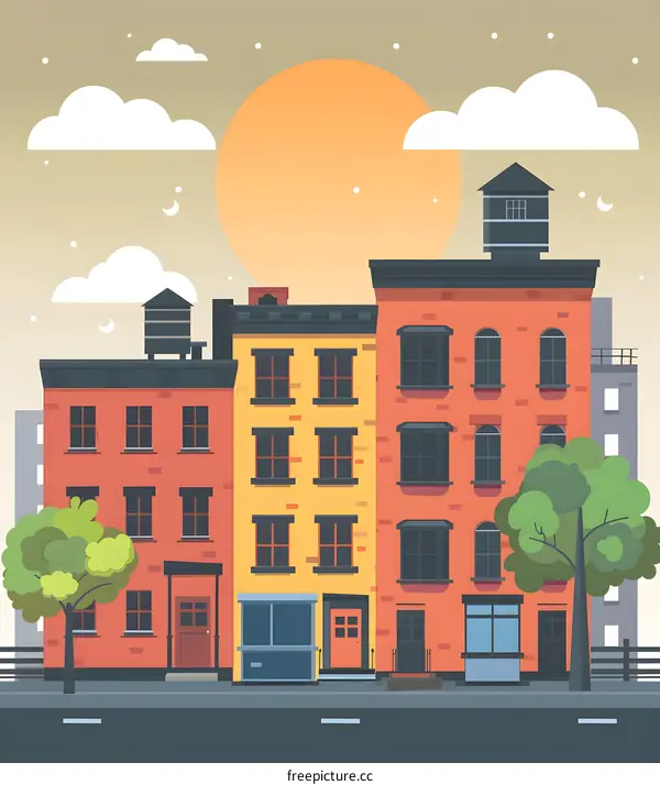 Cityscape Illustration with Sunset and Buildings