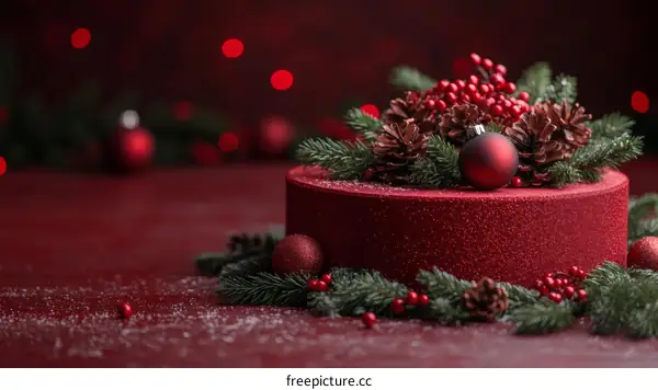 Christmas Red Cake Decorated with Fir Branches and Ornaments