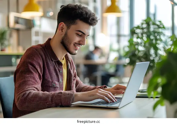 Smiling Young Man Working on Laptop in Cafe