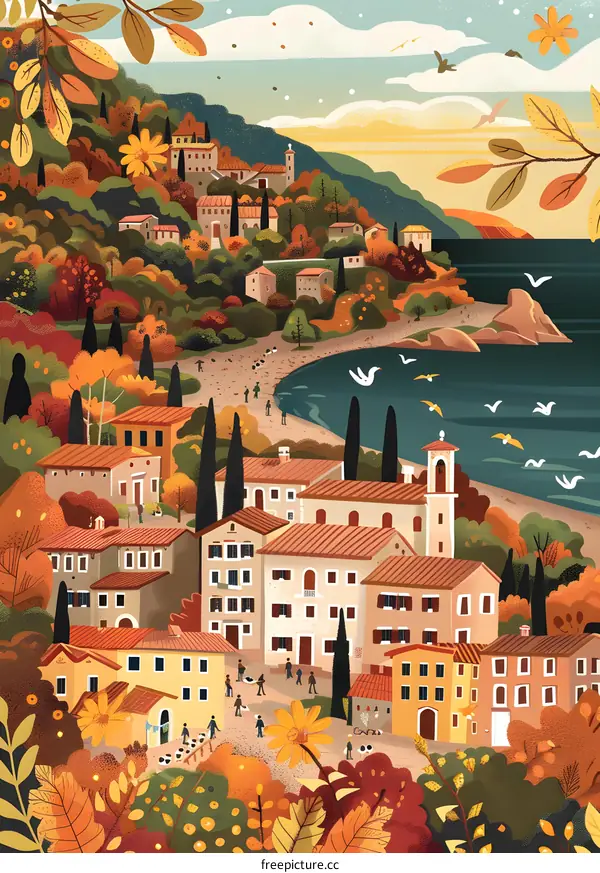 Autumn Village Seaside Landscape Illustration