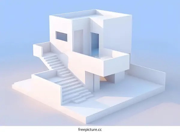 Minimalist White House 3D Model with Stairs