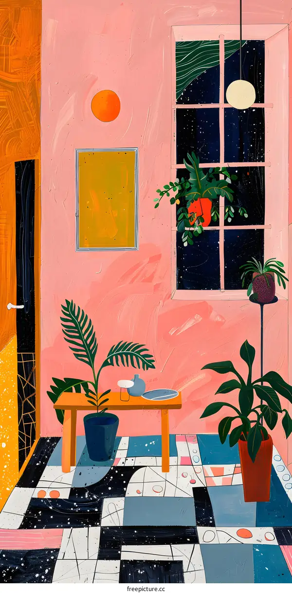Pink Wall Interior with Geometric Tile Floor and Window with Starry Sky