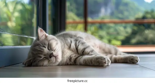 A cute gray cat is sleeping soundly on the floor