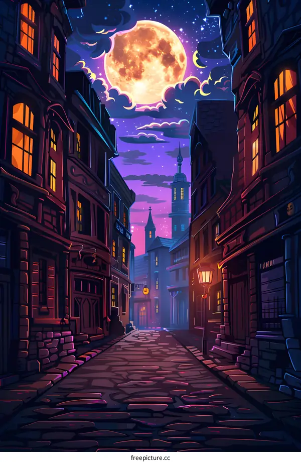 Night View of a Cobblestone Street in a European City