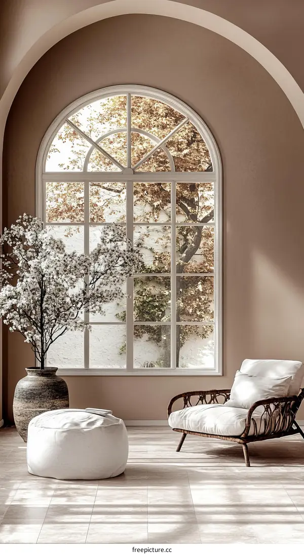 Beige Living Room with Large Arch Window