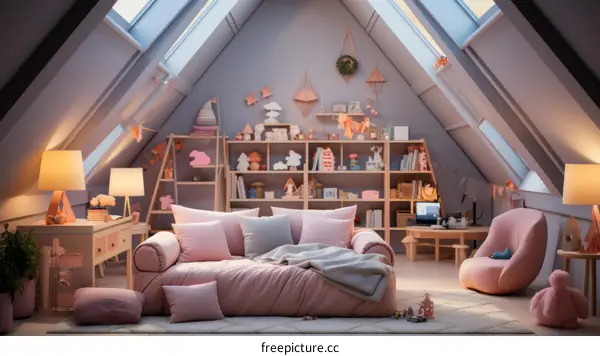Cozy Pink Attic Bedroom Filled with Toys and Books