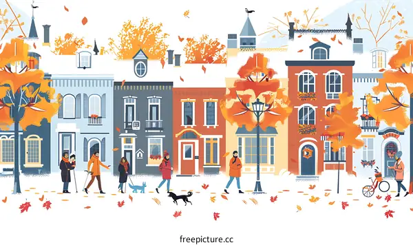 Autumn Day in the City with People Walking on the Sidewalk