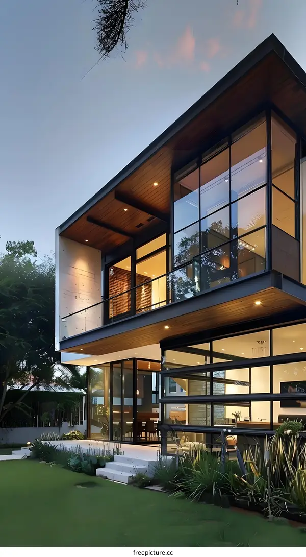 Modern House with Large Windows and Green Grass