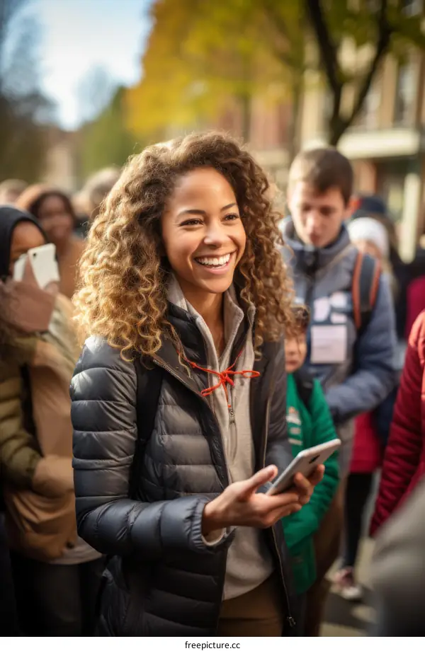 Smiling woman with curly hair holding a smartphone in her hand
