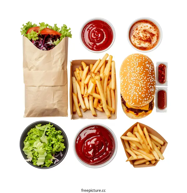 Fast Food Meal with Burger, Fries, and Salad