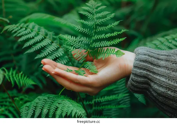 A hand holding a frond of a fern