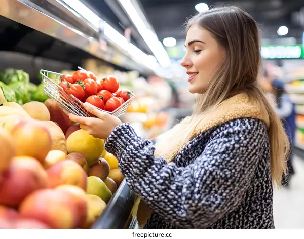 Woman Shopping For Fresh Tomatoes in a Supermarket