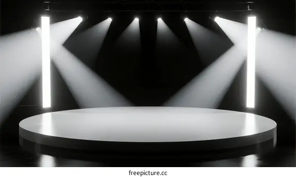 Round White Stage with Bright Spotlights in Dark Room