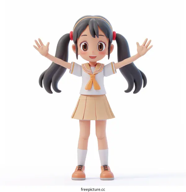 Cheerful Anime School Girl with Black Hair and Brown Eyes
